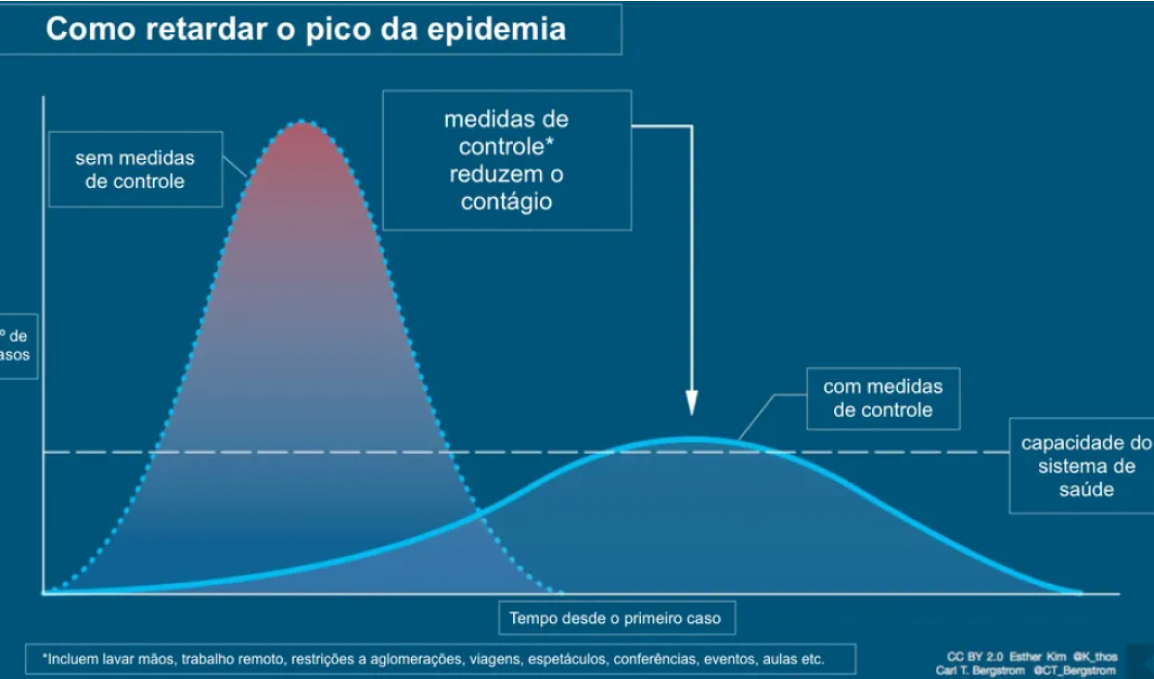 Gráfico elaborado pelo cientista Drew Harris e adaptado pelo biólogo Carl Bergstrom mostra como medidas de prevenção podem retardar o contágio da Covid-19 e evitar o colapso do sistema de saúde — Foto: Carl Bergstrom e Esther Kim/CC BY 2.0. Fonte: G1 Globo